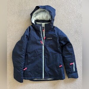 Girls’ Patagonia Dark Blue Hooded Jacket with Light Blue Trim, size 12